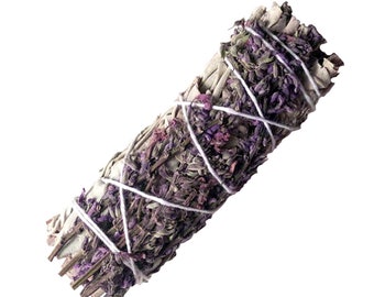White Sage and Purple Royal Lavender Flower Smudge Stick 4"