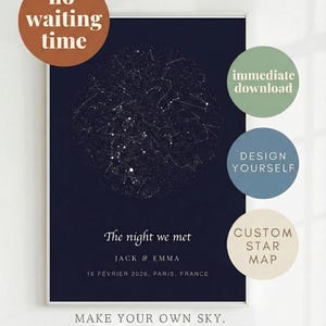 Peut inclure: Une affiche encadrée bleu marine avec un design de carte des étoiles. Le texte "The night we met" est au-dessus des noms "JACK & EMMA" et de la date "16 FÉVRIER 2026, PARIS, FRANCE". Le texte supplémentaire dit "MAKE YOUR OWN SKY. MAKE IT YOURS."