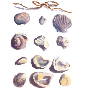 Pu&ograve; includere: Una collezione di conchiglie di varie forme e dimensioni, dipinte in tonalit&agrave; di viola, marrone e bianco. Le conchiglie sono disposte in una linea verticale, con uno spago marrone legato in cima.