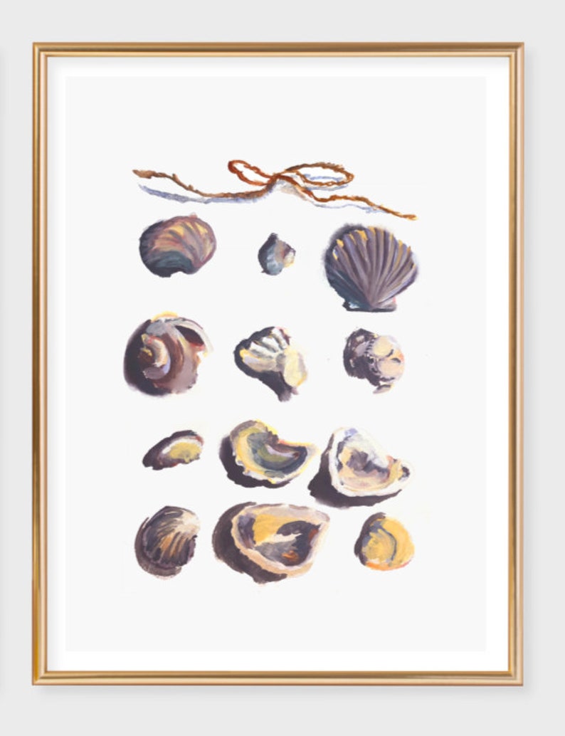 Pu&ograve; includere: Un dipinto incorniciato di una collezione di conchiglie di varie forme e dimensioni. Le conchiglie sono dipinte in tonalit&agrave; di marrone, viola e bianco e sono disposte in uno schema casuale su uno sfondo bianco. Un pezzo di spago con un fiocco si trova nella parte superiore del dipinto.
