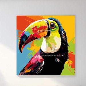 Arte mural de tucán, impresión digital de tucán, imagen de pájaro tropical, póster imprimible grande, arte mural de naturaleza, lienzo de arte pop para pared.