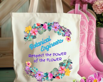 Floral Canvas Tote Bag Farmers Market Gardener Bag Plant Lover Gift Funny BOTANICAL ENGINEERS Slogan Eco-Friendly Tote Gardening Mom Gift