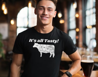 Camisa divertida, vaca, camisa de carnicero, "¡Está todo sabroso!" Camiseta unisex // El celta carmesí