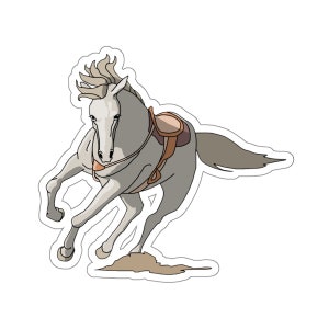 May include: A white horse with a brown saddle is running, its legs are in mid-air, and its tail is flowing behind it.