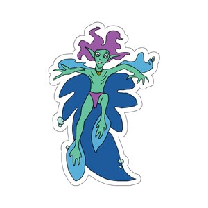 May include: A green and purple cartoon character with a necklace is riding a blue surfboard with a blue and green wave behind them.