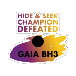 May include: A sticker with a purple, orange, and yellow gradient design. The sticker features a black circle and the text "HIDE & SEEK CHAMPION DEFEATED GAIA BH3".