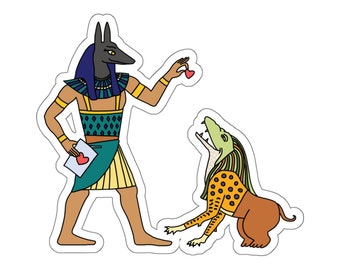 Amit Snacks Ancient Egypt Funny Sticker, Egyptian Gods Humor, Anubis, Feeding Time, Egyptian Afterlife, Mythology Decal, Egyptology, Heart