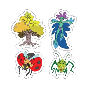 May include: Four colorful stickers featuring a green tree, a blue fairy, a red ladybug with a green fairy riding it, and a green insect with large eyes.