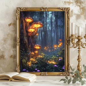 Glowing Mushroom Forest Wall Art – Enchanted Fungi Path Print, Fantasy Woodland Decor, Bioluminescent Nature Artwork for Home