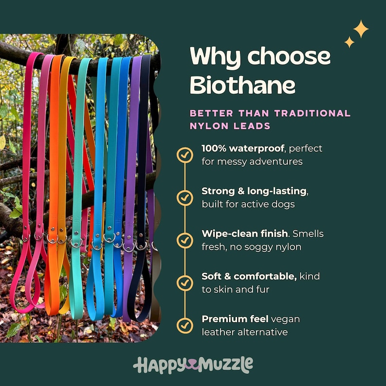 Puede incluir: Una exhibici&oacute;n de correas para perros Biothane de colores colgando de una rama. Las correas vienen en varios colores, incluyendo rosa, naranja, turquesa, azul, morado y negro. El texto a la derecha destaca caracter&iacute;sticas como impermeable, fuerte, f&aacute;cil de limpiar, suave y cuero vegano.
