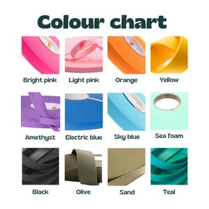 Puede incluir: Una carta de colores con muestras de varios colores, incluyendo rosa brillante, rosa claro, naranja, amarillo, amatista, azul el&eacute;ctrico, azul cielo, espuma de mar, negro, oliva, arena y verde azulado. El texto "Colour chart" est&aacute; en la parte superior.