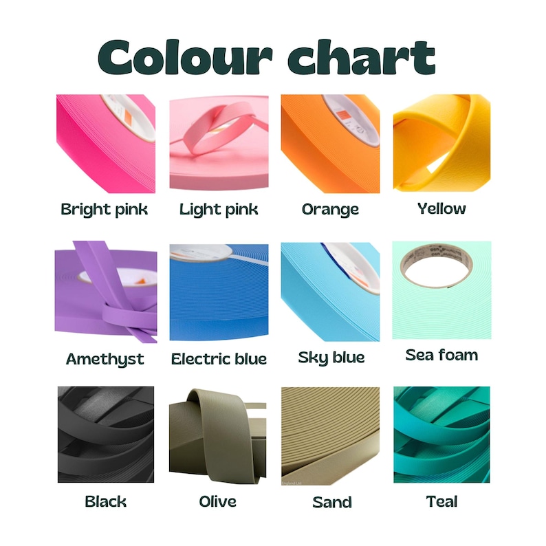 Puede incluir: Una carta de colores con muestras de varios colores, incluyendo rosa brillante, rosa claro, naranja, amarillo, amatista, azul el&eacute;ctrico, azul cielo, espuma de mar, negro, oliva, arena y verde azulado. El texto "Colour chart" est&aacute; en la parte superior.