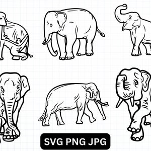 May include: A black and white line drawing of six elephants. The elephants are in various poses, including standing, walking, and trumpeting. The drawings are simple and stylized.