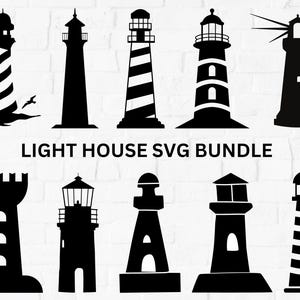 May include: A set of ten black and white lighthouse SVG files. The lighthouses are in various styles, including traditional, modern, and whimsical. The SVG files can be used for crafting, scrapbooking, and other creative projects.