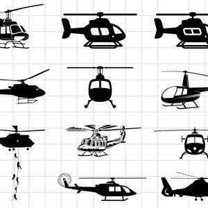 May include: A set of ten black silhouette illustrations of helicopters. The helicopters are shown in various angles and positions, with some having their doors open and others with their landing gear extended.