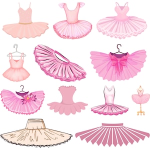 May include: A collection of ten pink and beige tutus, some with bows and flowers, for ballet or dance performances.