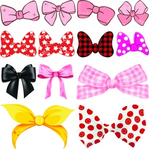 Könnte beinhalten: Eine Sammlung von zehn verschiedenen Schleifendesigns. Die Schleifen sind in verschiedenen Farben und Mustern, darunter rosa, rot, schwarz, weiß und mit Punkten.