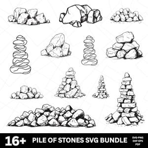 May include: Black and white illustrations of various stone piles and stacks. The image includes different arrangements of rocks, from small heaps to tall, balanced structures. Text at the bottom reads "16+ PILE OF STONES SVG BUNDLE".