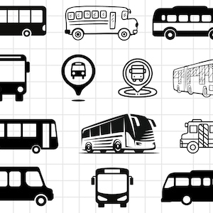 May include: A collection of black and white bus illustrations. The buses are shown in various styles and sizes, including a school bus, a double-decker bus, and a city bus.