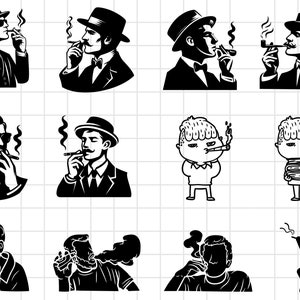 May include: A collection of black and white illustrations featuring people smoking cigarettes and pipes. Some of the illustrations are cartoon-style, while others are more realistic.
