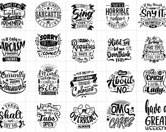 May include: A black and white graphic design with 20 different quotes. The quotes are about sarcasm, overthinking, and everyday life.