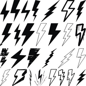 May include: A set of 24 black and white lightning bolt illustrations. The bolts are drawn in various styles, including simple, jagged, and textured.