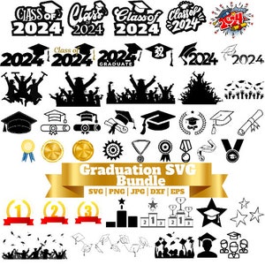 May include: A set of black and white graduation SVG cut files. The set includes various graduation caps, diplomas, stars, and silhouettes of people celebrating. The text "Graduation SVG Bundle" is displayed in a gold banner. The text "SVG | PNG | JPG | DXF | EPS" is displayed below the banner.