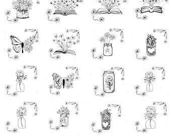 May include: A collection of black and white floral illustrations. The image includes drawings of flowers, butterflies, books, and jars. The text at the bottom reads "19+ FLORAL BUNDLE". Includes SVG-PNG, DXF-EPS, and PDF formats.