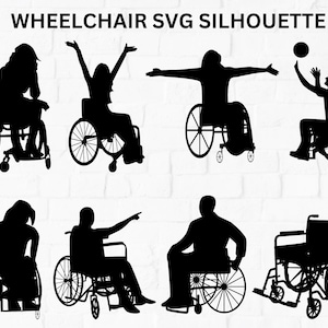 Könnte beinhalten: Ein Satz schwarzer Silhouettenbilder von Menschen in Rollstühlen. Die Bilder zeigen Menschen in verschiedenen Posen, darunter Sitzen, Greifen und Basketball spielen. Die Bilder eignen sich für die Verwendung in Designs, Kunsthandwerk und anderen Projekten.