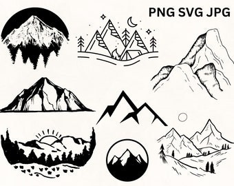 Montañas SVG, Paquete SVG de montaña y bosque, Imágenes prediseñadas de svg de montaña, Imágenes prediseñadas de siluetas de montaña y bosque, Colinas svg, Svg al aire libre
