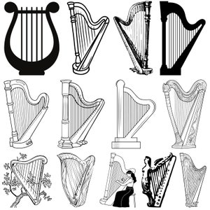 May include: A collection of ten black and white illustrations of harps. The harps are drawn in a variety of styles, some with intricate details and others with a more simple design.