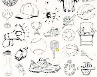 Hand Drawn Sport SVG Bundle, Football Doodles PNG, Athletic Clipart for Basketball Birthday Party, Baseball Bachelorette & Soccer Invitation
