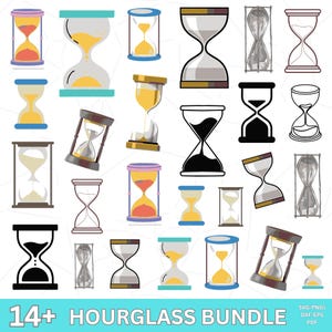 May include: A collection of 14+ hourglass designs in various styles and colours. The hourglasses feature a range of colours, including yellow, orange, and black, with different frame designs. The image includes the text "14+ HOURGLASS BUNDLE".