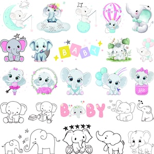 May include: A collection of cute cartoon elephant illustrations in various poses and settings. Some elephants are wearing hats, holding balloons, or sitting on clouds. The illustrations are in black and white and color, and some include the word "BABY".