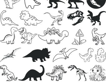 May include: A black and white illustration of various dinosaurs, including a Tyrannosaurus Rex, a Stegosaurus, a Triceratops, and a Pterodactyl. The dinosaurs are drawn in a cartoon style and are set against a white background.