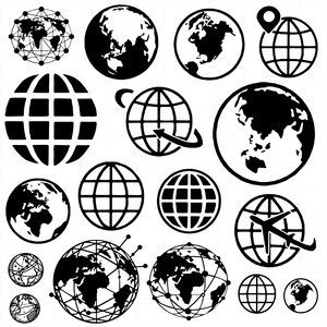 May include: A collection of black and white globe illustrations, including a globe with a grid pattern, a globe with continents outlined, a globe with a compass, and a globe with a plane flying over it.