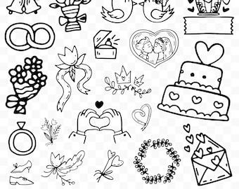 Hand Drawn Whimsical Wedding Illustrations, Bridal, Handdrawn Wedding Clipart Bundle Wedding Doodles for Invitation, Timeline, Save the Date