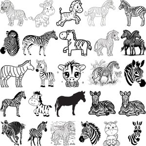 Puede incluir: Una colección de ilustraciones de cebras en blanco y negro en varias poses y estilos. Algunas cebras están de pie, otras están tumbadas y otras miran directamente al espectador. Las ilustraciones son simples y de estilo de dibujos animados, con líneas gruesas y un mínimo de detalles.