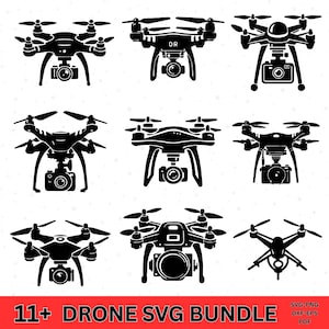 May include: A collection of eleven black drone SVG designs, each with four propellers and a camera. The drones vary in shape and size, with the text "11+ DRONE SVG BUNDLE" in red at the bottom.