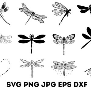May include: A set of 10 black and white dragonfly silhouette SVG cut files. The dragonflies are in various poses and styles, including a heart-shaped design.