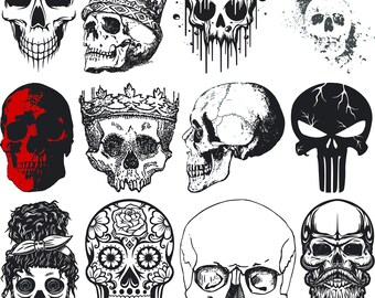 May include: A collection of 11 black and white skull illustrations in various styles. Some skulls are wearing crowns, others have floral designs, and one has a beard. The skulls are all in different poses and expressions.