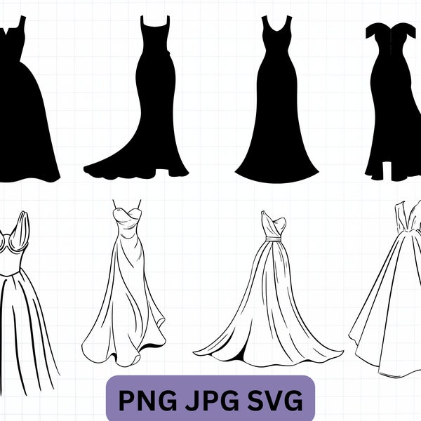 Bruidsjurk Svg, Bruid Svg, Jurk Svg, Bruiloft Svg, Bruiloft Clipart, Bruid Jurk Svg, Jurk Clipart, Trouwjurk Svg, Jurk Silhouet