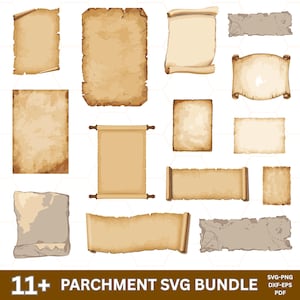 May include: A collection of parchment paper designs in various shapes and sizes. The papers have a vintage, aged appearance with brown and tan tones. Some are rolled, while others are flat. The image includes the text "11+ PARCHMENT SVG BUNDLE".