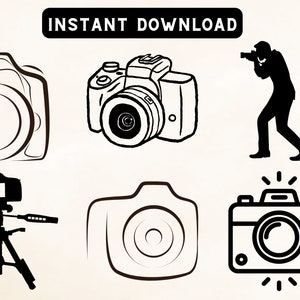 Pode incluir: Um conjunto de seis ilustrações em preto e branco de câmeras. As ilustrações incluem uma câmera em um tripé, uma câmera com flash, uma câmera com lente, uma câmera com um fotógrafo e duas câmeras com um design simples.