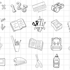 May include: Black and white line drawings of school supplies, including a pencil sharpener, scissors, a backpack, a ruler, a book, a stapler, glue, and a pencil holder. The drawings are on a white grid background.