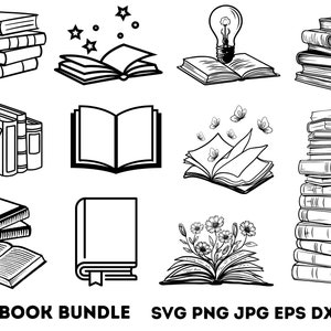 Könnte beinhalten: Ein Set mit 10 Schwarzweiß-Buchillustrationen. Die Illustrationen beinhalten einen Stapel Bücher, ein Buch mit einer Glühbirne darüber, ein Buch mit Sternen drumherum, ein Buch mit Blumen drumherum, ein Buch mit Schmetterlingen drumherum und ein Buch mit einem Band. Die Illustrationen sind perfekt für die Verwendung in Scrapbooking, Kartenherstellung und anderen Bastelprojekten.