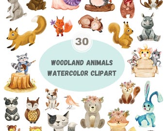 Woodland Clipart, Watercolor Woodland Animals Clipart, Cute Woodland Animals PNG, Nursery Animals, Baby Shower Forest Animals.