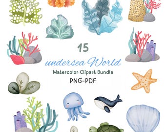 Unterwasser Aquarell Clipart Bundle - Kinderzimmer Dekor, Baby Wand Kunst, süße Ozean Tiere PNG, Babyparty, süße Unterwasser Cliparts.