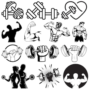 May include: A collection of black and white illustrations featuring dumbbells, muscular arms, and bodybuilders. The images depict various poses and styles, suitable for fitness and gym-related themes.