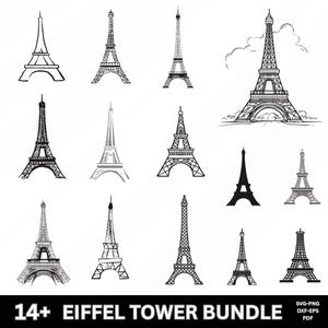 May include: A selection of 14+ Eiffel Tower illustrations in diverse styles. The images are in black and white, featuring detailed line drawings and silhouettes. The text "14+ Eiffel Tower Bundle" is at the bottom.